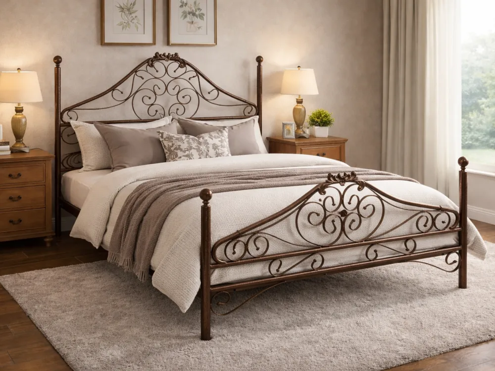 Cama fierro bronce volutas