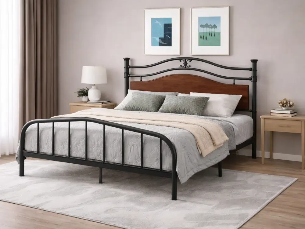 Cama fierro negra con madera curva