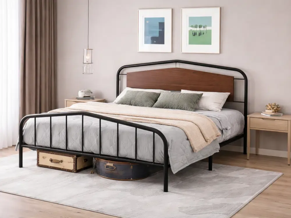 Cama fierro negra con madera recta