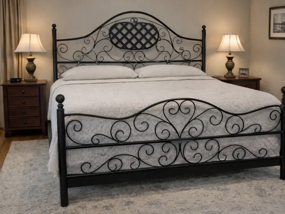 Cama fierro negra reja volutas