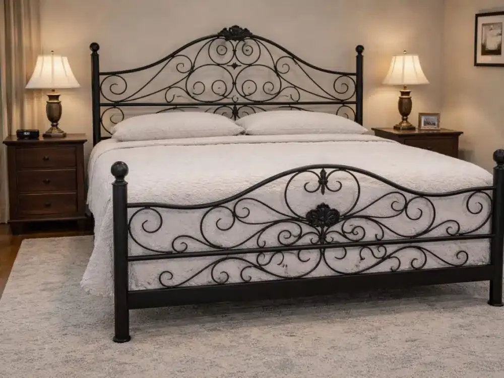 Cama fierro negra volutas flor