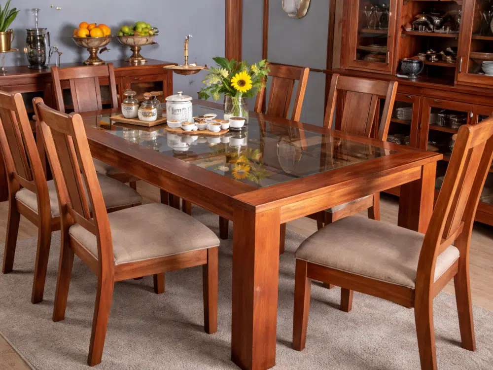 Mesa de comedor con cubierta de vidrio y 6 sillas