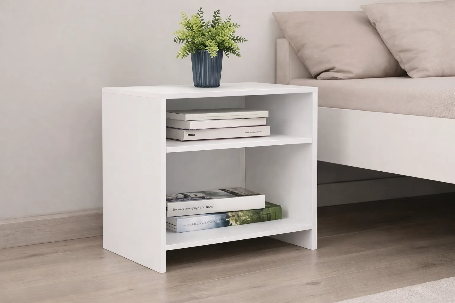 Velador blanco minimalista con repisas